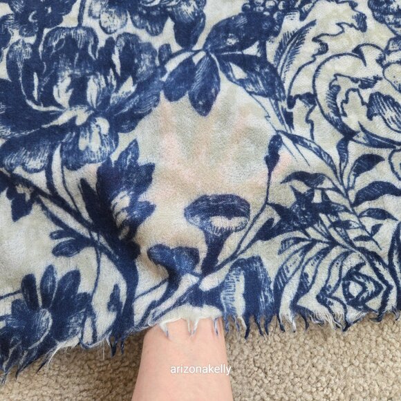 The Cashmere Project Floral Cashmere Scarf Blue Grey Ivory - Picture 9 of 9